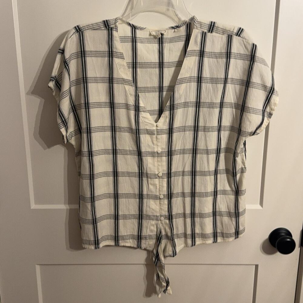 Fat Face Top Sz 12 White Blue Plaid Button Front Tie Hem Summer Casual Preppy